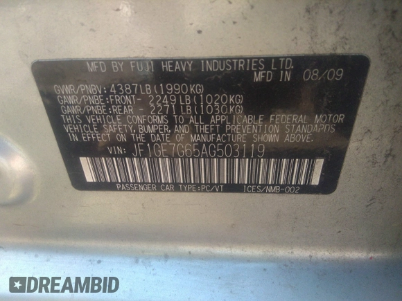 2010 Subaru WRX WRX с VIN JF1GE7G65AG503119, выставлен на аукционе IAAI как лот 41752343 с пробегом 168 961 миль миль и . История ставок и продаж доступна на DreamBid. Изображение 9.