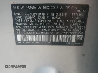 2015 Honda Fit LX with VIN 3HGGK5H57FM706377, listed as a Copart auction lot 53932605 with 0 mi miles and Salvage Title. Bid and sale history available at carsss.com. Image 12.