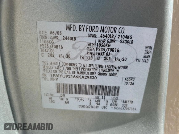2006 Ford Escape XLT with VIN 1FMYU93166KA29530, listed as a Copart auction lot 59374094 with 209,810 mi miles and Salvage Title. Bid and sale history available at carsss.com. Image 12.