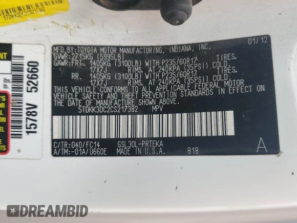 2012 Toyota Sienna LE AAS with VIN 5TDKK3DC2CS217382, listed as a Copart auction lot 58067475 with 146,769 mi miles and Salvage title. Bid and sale history available at DreamBid. Image 13.