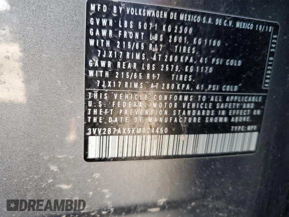 2019 Volkswagen Tiguan SE with VIN 3VV2B7AX5KM024450, listed as a Copart auction lot 52421675 with 132,697 mi miles and Salvage Title. Bid and sale history available at DreamBid. Image 13.