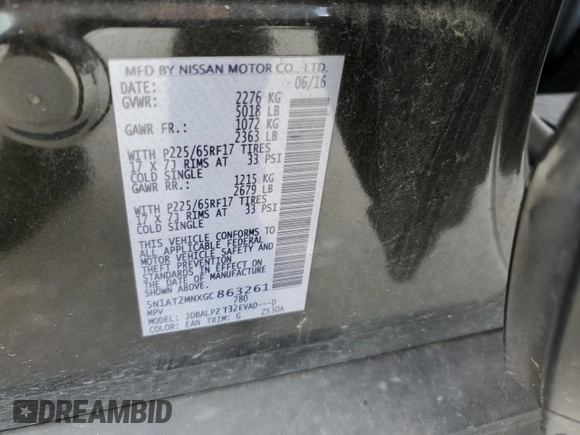 2016 Nissan Rogue S with VIN 5N1AT2MNXGC863261, listed as a Copart auction lot 53807464 with 109,166 mi miles and Salvage Title. Bid and sale history available at DreamBid. Image 16.