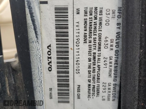 2000 Volvo S80 with VIN YV1TS90D1Y1140105, listed as a Copart auction lot 66579114 with 177,265 mi miles and Salvage Title. Bid and sale history available at carsss.com. Image 12.