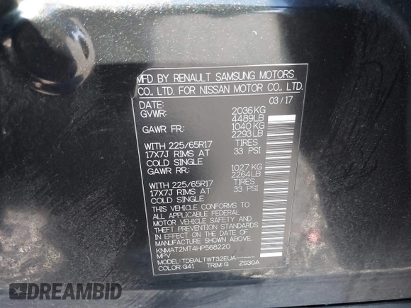 2017 Nissan Rogue SV with VIN KNMAT2MT4HP568220, listed as a IAAI auction lot 41883086 with 98,450 mi miles. Bid and sale history available at carsss.com. Image 9.