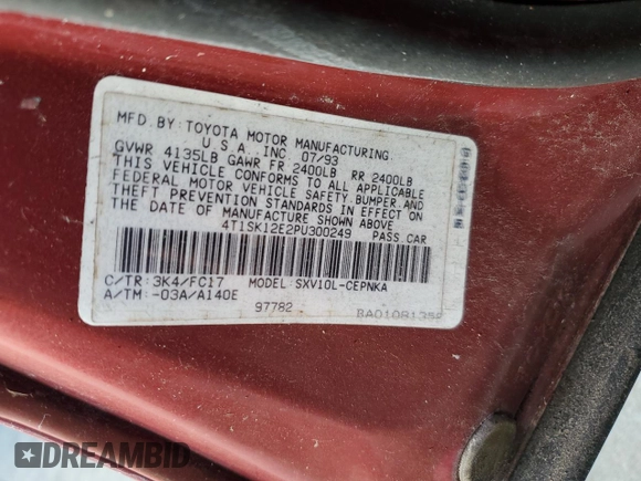 1993 Toyota Camry LE with VIN 4T1SK12E2PU300249, listed as a Copart auction lot 75087864 with 89,414 mi miles and Non Repairable. Bid and sale history available at carsss.com. Image 13.