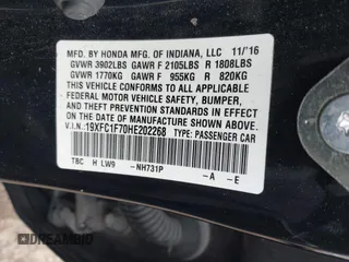 2017 Honda Civic Sedan EX-L with VIN 19XFC1F70HE202268, listed as a IAAI auction lot 41232570 with 81,893 mi miles. Bid and sale history available at carsss.com. Image 9.