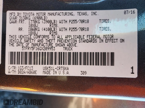 2016 Toyota Tundra SR5 z VIN 5TFRY5F16GX209953, wystawiony jako Copart lot #52770495 z przebiegiem 80 907 mil mil oraz Szkoda całkowita • Salvage title. Historia ofert i sprzedaży dostępna na DreamBid. Obrazek 12.
