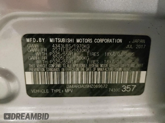 2017 Mitsubishi Outlander Sport ES 2.0 with VIN JA4AR3AU9HZ069672, listed as a Copart auction lot 45357245 with 125,754 mi miles and Salvage Title. Bid and sale history available at carsss.com. Image 15.
