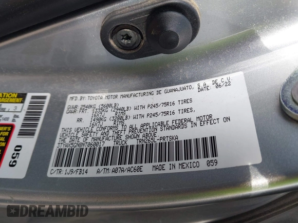 2022 Toyota Tacoma SR with VIN 3TYAX5GN8NT060017, listed as a IAAI auction lot 41504710 with 55,317 mi miles and . Bid and sale history available at DreamBid. Image 9.