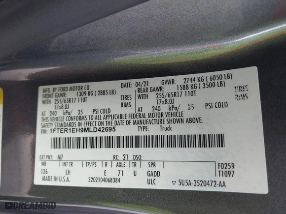 2021 Ford Ranger XL with VIN 1FTER1EH9MLD42695, listed as a IAAI auction lot 41750593 with 53,154 mi miles. Bid and sale history available at carsss.com. Image 9.