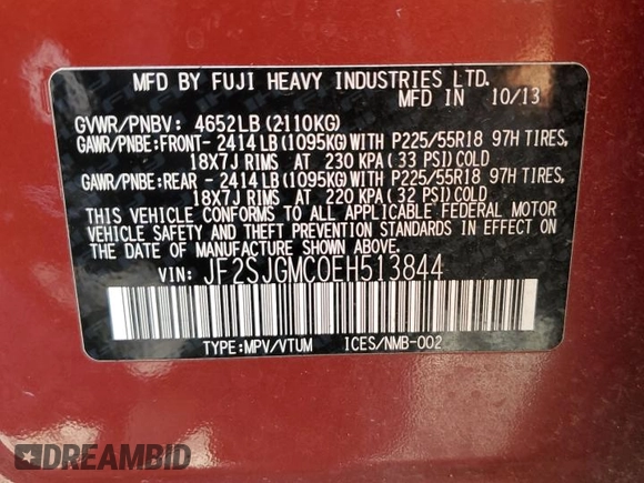 2014 Subaru Forester XT Touring with VIN JF2SJGMC0EH513844, listed as a Copart auction lot 61162355 with 56,887 mi miles and Salvage title. Bid and sale history available at DreamBid. Image 13.