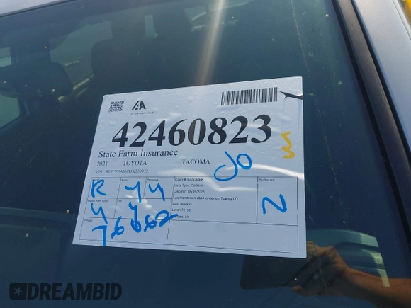 2021 Toyota Tacoma SR with VIN 5TFCZ5AN6MX270972, listed as a IAAI auction lot 42460823 with 76,062 mi miles and . Bid and sale history available at DreamBid. Image 18.