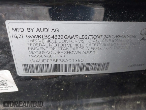 2008 Audi A4 2.0T z VIN WAUDF78E38A013904, wystawiony jako IAAI lot #42330012 z przebiegiem 152 567 mil mil oraz . Historia ofert i sprzedaży dostępna na DreamBid. Obrazek 9.