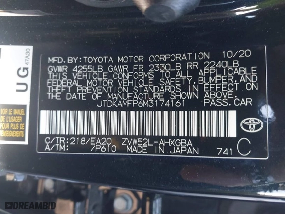 2021 Toyota Prius Prime LE with VIN JTDKAMFP6M3174161, listed as a IAAI auction lot 41449726 with 20,667 mi miles. Bid and sale history available at carsss.com. Image 9.