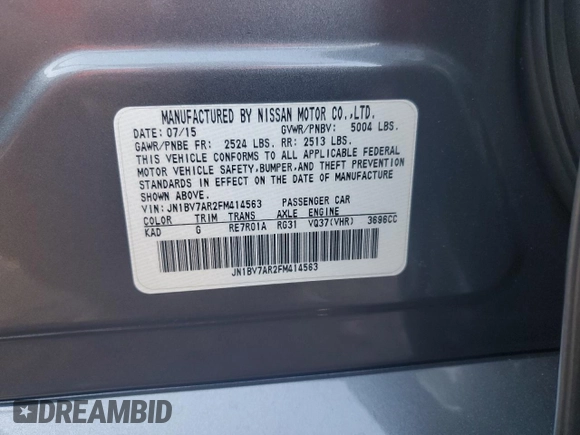 2015 Infiniti Q50 Sport with VIN JN1BV7AR2FM414563, listed as a Copart auction lot 62896535 with 133,924 mi miles and Salvage title. Bid and sale history available at DreamBid. Image 12.