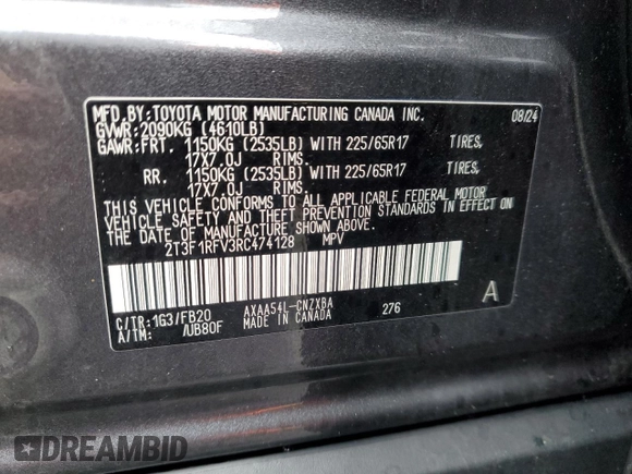 2024 Toyota RAV4 LE with VIN 2T3F1RFV3RC474128, listed as a Copart auction lot 55772125 with 7,722 mi miles and Salvage title. Bid and sale history available at DreamBid. Image 13.