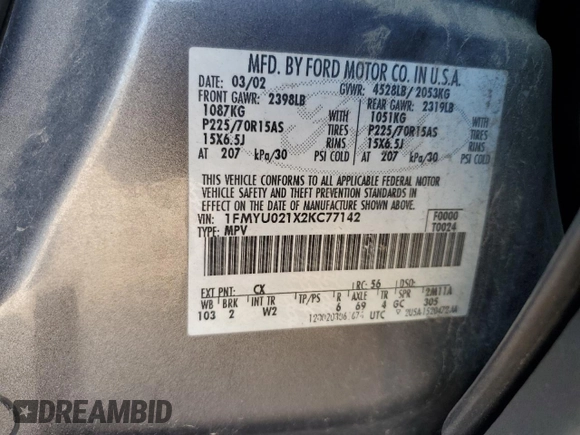 2002 Ford Escape XLS Choice with VIN 1FMYU021X2KC77142, listed as a Copart auction lot 77036384 with 213,292 mi miles and Clean title. Bid and sale history available at DreamBid. Image 12.