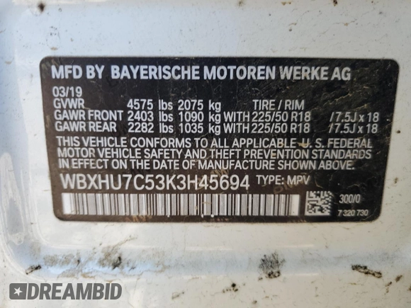 2019 BMW X1 sDrive28i with VIN WBXHU7C53K3H45694, listed as a Copart auction lot 85804084 with 151,645 mi miles and Salvage Title. Bid and sale history available at DreamBid. Image 15.