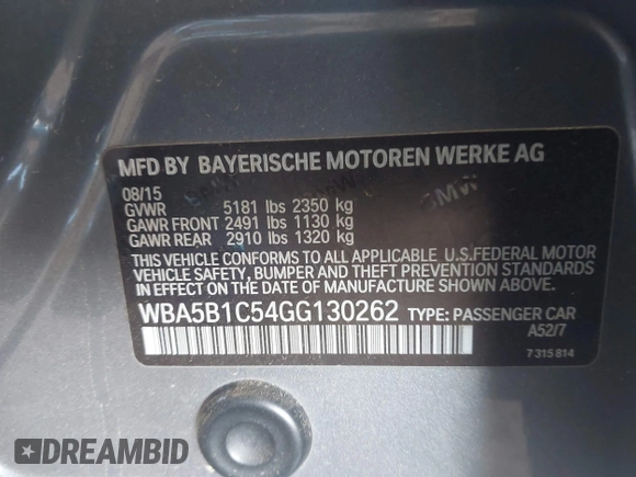 2016 BMW 5 Series 535i with VIN WBA5B1C54GG130262, listed as a IAAI auction lot 41755116 with 125,128 mi miles and . Bid and sale history available at DreamBid. Image 9.