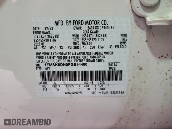 2023 Ford Explorer XLT with VIN 1FMSK8DH0PGB94480, listed as a Copart auction lot 51916755 with 53,112 mi miles and Salvage title. Bid and sale history available at DreamBid. Image 13.