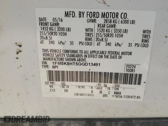 2016 Ford Explorer Platinum with VIN 1FM5K8HT5GGD13491, listed as a Copart auction lot 80239324 with Not Provided miles and Salvage Title. Bid and sale history available at DreamBid. Image 13.