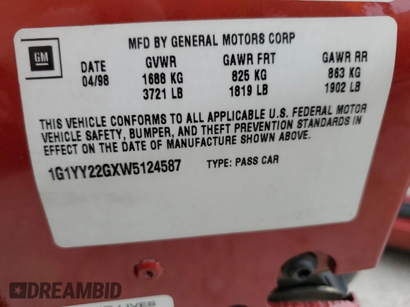 1998 Chevrolet Corvette with VIN 1G1YY22GXW5124587, listed as a Copart auction lot 48278364 with 104,384 mi miles and Salvage Title. Bid and sale history available at DreamBid. Image 12.