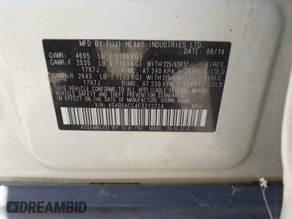 2015 Subaru Outback Premium with VIN 4S4BSACC4F3212224, listed as a IAAI auction lot 42632100 with 217,033 mi miles and . Bid and sale history available at DreamBid. Image 9.