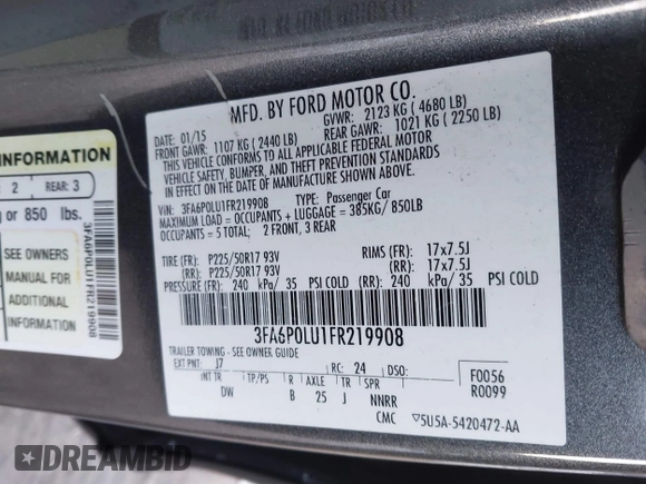 2015 Ford Fusion SE Hybrid with VIN 3FA6P0LU1FR219908, listed as a IAAI auction lot 41272688 with 310,452 mi miles. Bid and sale history available at carsss.com. Image 9.