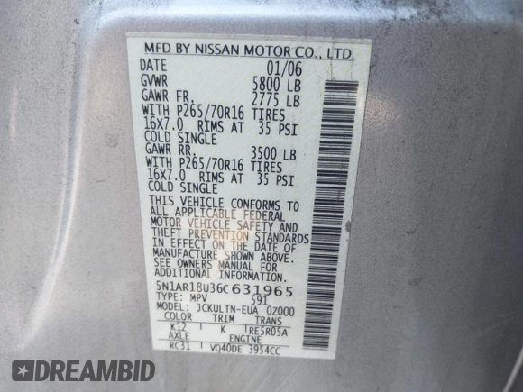 2006 Nissan Pathfinder SE z VIN 5N1AR18U36C631965, wystawiony jako IAAI lot #41861397 z przebiegiem 230 483 mil mil oraz . Historia ofert i sprzedaży dostępna na DreamBid. Obrazek 9.