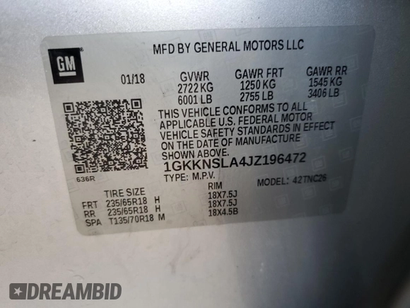 2018 GMC Acadia SLE with VIN 1GKKNSLA4JZ196472, listed as a Copart auction lot 79826424 with 83,274 mi miles and Non Repairable. Bid and sale history available at DreamBid. Image 13.