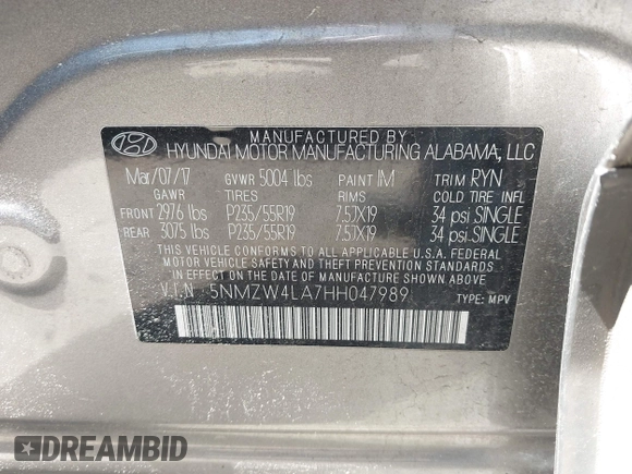 2017 Hyundai Santa Fe Ultimate z VIN 5NMZW4LA7HH047989, wystawiony jako IAAI lot #42051500 z przebiegiem 75 747 mil mil oraz . Historia ofert i sprzedaży dostępna na DreamBid. Obrazek 9.