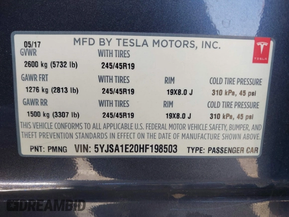 2017 Tesla Model S 100D with VIN 5YJSA1E20HF198503, listed as a IAAI auction lot 41843782 with 77,281 mi miles and . Bid and sale history available at DreamBid. Image 9.