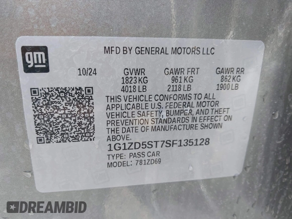 2025 Chevrolet Malibu LT with VIN 1G1ZD5ST7SF135128, listed as a IAAI auction lot 42174305 with 12,007 mi miles and . Bid and sale history available at DreamBid. Image 9.