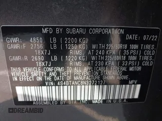2022 Subaru Outback Limited with VIN 4S4BTANC8N3272127, listed as a IAAI auction lot 42573980 with 42,844 mi miles and . Bid and sale history available at DreamBid. Image 9.