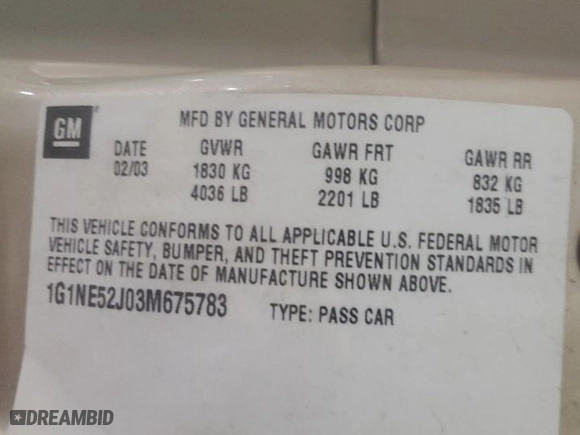 2003 Chevrolet Malibu LS with VIN 1G1NE52J03M675783, listed as a Copart auction lot 83032764 with 185,343 mi miles and Non Repairable. Bid and sale history available at carsss.com. Image 12.