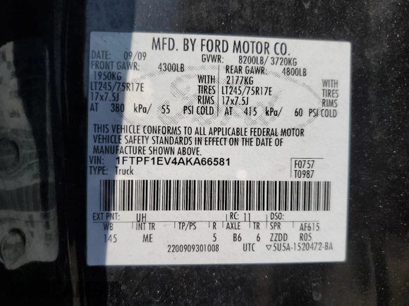 2010 Ford F-150 with VIN 1FTPF1EV4AKA66581, listed as a Copart auction lot 65818635 with 155,430 mi miles and Clean title. Bid and sale history available at DreamBid. Image 12.