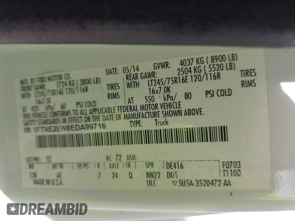2014 Ford Econoline Cargo Commercial with VIN 1FTNE2EW8EDA99716, listed as a IAAI auction lot 42766089 with 229,212 mi miles and . Bid and sale history available at DreamBid. Image 9.