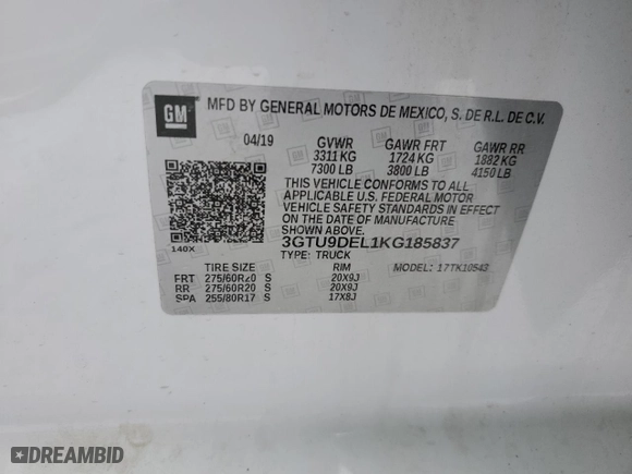 2019 GMC Sierra 1500 SLT with VIN 3GTU9DEL1KG185837, listed as a Copart auction lot 82670114 with 66,534 mi miles and Salvage Title. Bid and sale history available at carsss.com. Image 12.