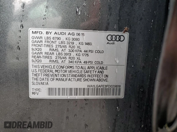 2015 Audi Q7 Premium Plus z VIN WA1LGAFE3FD029618, wystawiony jako Copart lot #58665605 z przebiegiem 146 148 mil mil oraz Czysty tytuł • Clean title. Historia ofert i sprzedaży dostępna na DreamBid. Obrazek 13.