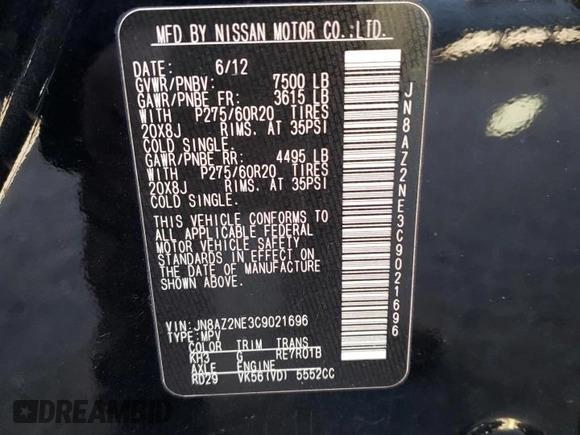 2012 Infiniti QX56 7-passenger z VIN JN8AZ2NE3C9021696, wystawiony jako Copart lot #42432495 z przebiegiem 153 684 mil mil oraz Szkoda całkowita • Salvage title. Historia ofert i sprzedaży dostępna na DreamBid. Obrazek 14.