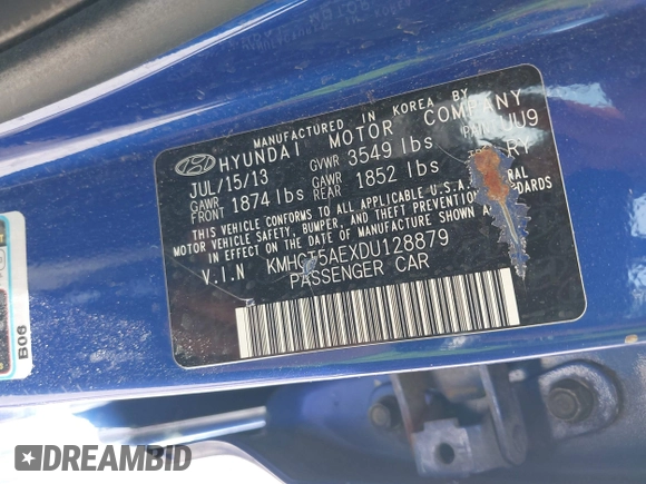 2013 Hyundai Accent GS with VIN KMHCT5AEXDU128879, listed as a IAAI auction lot 42463478 with 213,810 mi miles and . Bid and sale history available at DreamBid. Image 9.