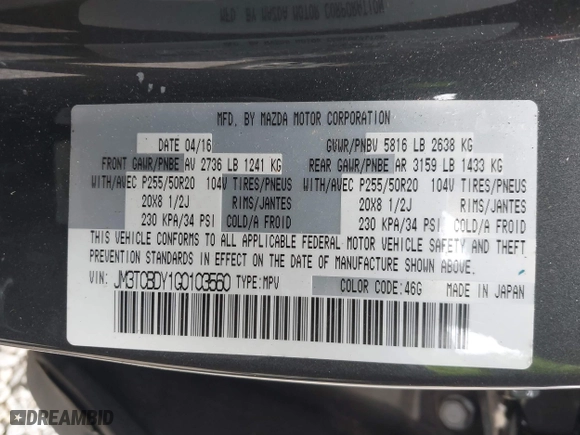 2016 Mazda CX-9 Grand Touring with VIN JM3TCBDY1G0103560, listed as a IAAI auction lot 41344813 with 123,588 mi miles. Bid and sale history available at carsss.com. Image 9.