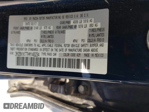 2017 Mazda 3 Sport with VIN 3MZBN1K77HM146234, listed as a IAAI auction lot 42035288 with 47,668 mi miles and . Bid and sale history available at DreamBid. Image 9.