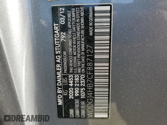 2012 Mercedes-Benz C 250 with VIN WDDGJ4HB7CF887127, listed as a Copart auction lot 62573325 with 148,176 mi miles and Salvage title. Bid and sale history available at DreamBid. Image 13.