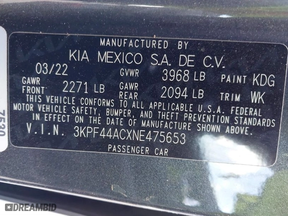 2022 Kia Forte GT with VIN 3KPF44ACXNE475653, listed as a IAAI auction lot 41462607 with 1 mi miles. Bid and sale history available at carsss.com. Image 9.