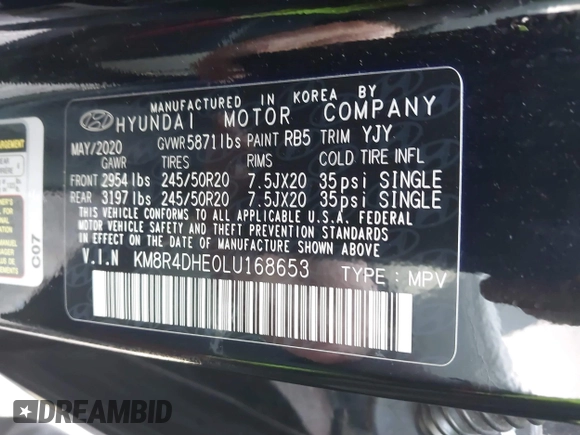 2020 Hyundai Palisade SEL with VIN KM8R4DHE0LU168653, listed as a IAAI auction lot 42174925 with 68,980 mi miles and . Bid and sale history available at DreamBid. Image 9.