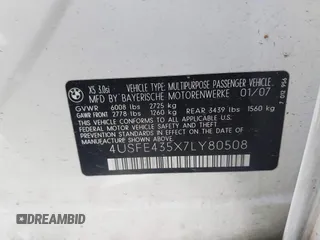 2007 BMW X5 3.0si z VIN 4USFE435X7LY80508, wystawiony jako IAAI lot #42126085 z przebiegiem 168 711 mil mil oraz . Historia ofert i sprzedaży dostępna na DreamBid. Obrazek 9.