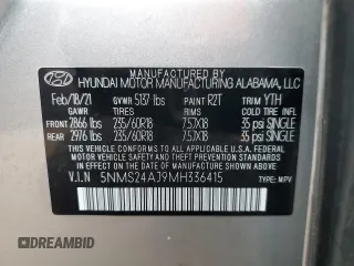 2021 Hyundai Santa Fe Essential with VIN 5NMS24AJ9MH336415, listed as a Copart auction lot 41700765 with 47,166 mi miles and Salvage Title. Bid and sale history available at carsss.com. Image 13.