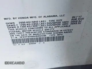 2017 Honda Pilot Elite with VIN 5FNYF6H00HB032386, listed as a IAAI auction lot 41976702 with 153,251 mi miles and . Bid and sale history available at DreamBid. Image 9.