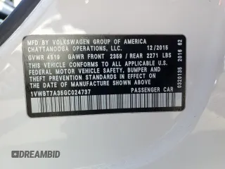 2016 Volkswagen Passat SE с VIN 1VWBT7A35GC024737, выставлен на аукционе Copart как лот 61588285 с пробегом 157 573 миль миль и Списание • Salvage title. История ставок и продаж доступна на DreamBid. Изображение 12.